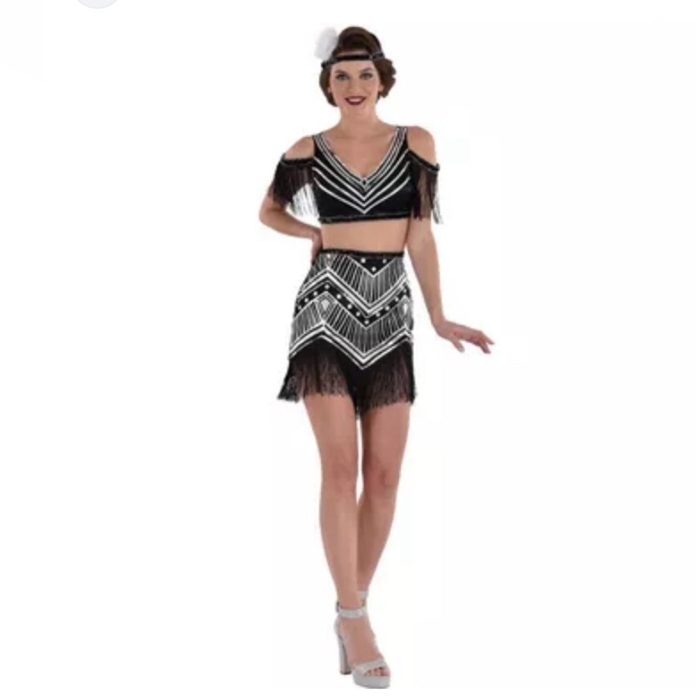 20's SHEER FLAPPER 3PC BLACK AND SILVER ADULT COSTUME SIZE LARGE (10-12) 🌟NWT🌟